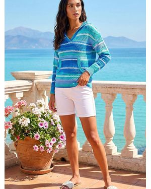 Roman Textured V-Neck Knit Hoodie - Blue