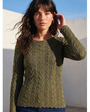 Roman Scallop Trim Cable Knit Sweater - Green