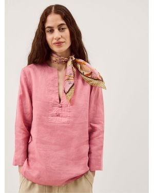 Monsoon Dusky Alexis V-Neck Knot Button Long Sleeve Linen Top - Pink
