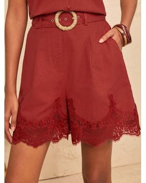 Love & Roses Lace Hem Belted Shorts - Red