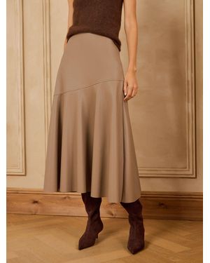 Love & Roses Faux Leather Asymmetric Full Hem Midi Skirt - Brown