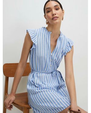 River Island Frill Sleeve Belted Mini Contains Linen Dress - Blue