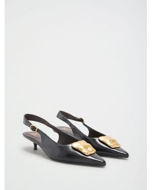 Friends Like These Faux Leather Hardware Pointed Toe Slingback Kitten Heel Court Shoes - Black