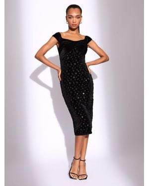 Lipsy Velvet Sequin Mix Bardot Bodycon Midi Dress - Black
