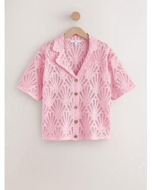 Next Crochet Short Sleeve Collared Shirt - Pink