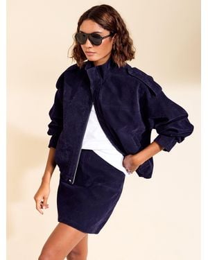 Friends Like These Funnel Neck Faux Suede Oversized Bomber Jacket - Blue