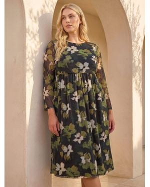 Roman Curve Floral Print Mesh Midi Dress - Green