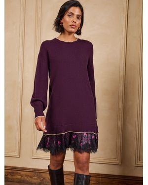 Love & Roses Burgundy Leopard Print Lace Detail Woven Mix Knitted Sweater Dress - Purple