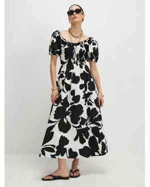 River Island Floral Puff Sleeve Shirred Midi Dress - White