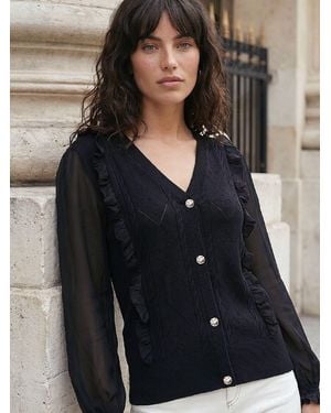 Roman Woven Sleeve Knit Blouse - Black