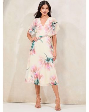Lipsy Petite Floral Printed Embellished Detail Fit And Flare Midi Dress - Natural