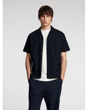 SELECTED Cuban Collar Textured Short Sleeve Shirt - Blue