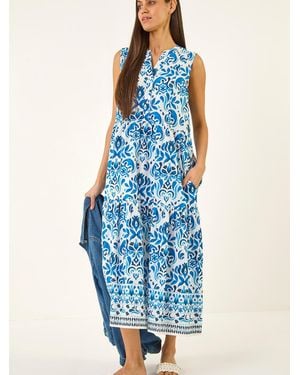 Roman Printed Button Detail Midi Dress - Blue