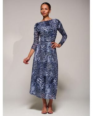 Jolie Moi Long Sleeve Asymmetric Gathered Mesh Midi Dress - Blue