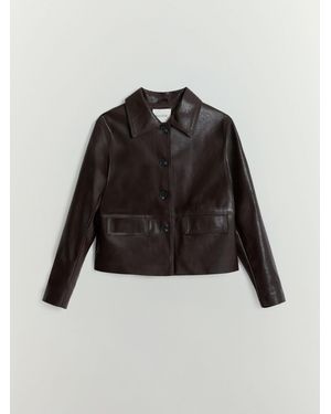 BHOEM Chocolate Faux Leather Buttoned Shirt Collar Jacket - Black