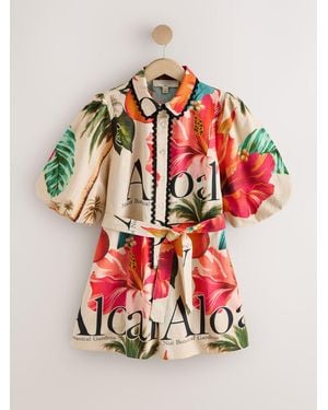 Next Cotton Linen Blend Collared Belted Playsuit - Multicolor