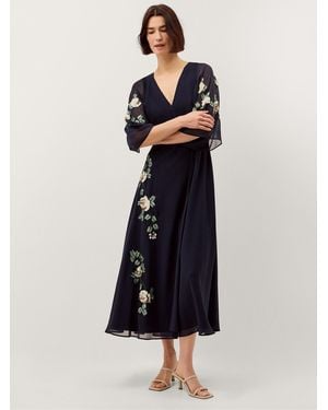 Monsoon Clara Floral Embellished Midi Wrap Dress - Blue