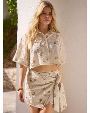 South Beach Floral Sequin Embroidered Wrap Mini Skirt - Natural
