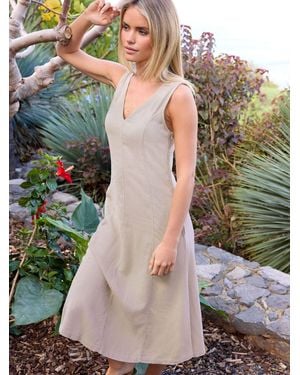 M Com Petite V-Neck Fit & Flare Linen Blend Dress - Natural