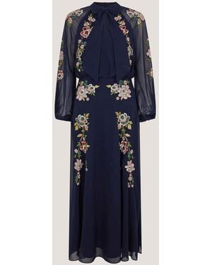 Monsoon Annika V-Neck Tie Neck Floral Embroidered Chiffon Long Sleeve Midi Dress - Blue