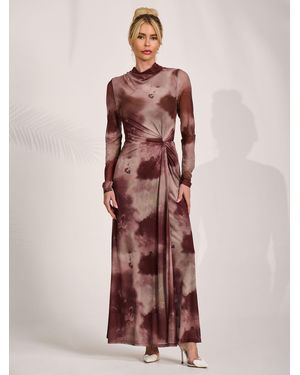 Jolie Moi High Neck Long Sleeve Mesh Maxi Dress - Brown
