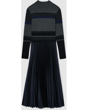 Reiss Petite Striped Knit Mix Pleated Midi Dress - Black