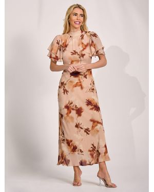 Jolie Moi High Neck Angel Sleeve Chiffon Maxi Dress - Brown