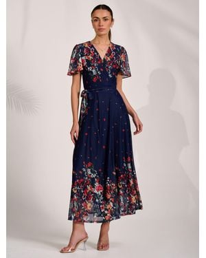 Jolie Moi Floral Mirror Mesh Wrap Maxi Dress - Blue