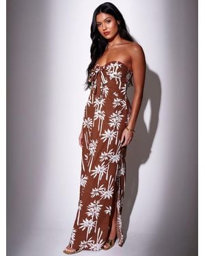 South Beach Palm Tree Printed Bandeau Tie Front Maxi Dress - Brown