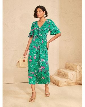 Love & Roses Ruffle Jersey Midi Dress - Green