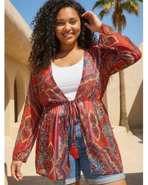 Roman Curve Georgette Tie Front Kimono Dress - Red