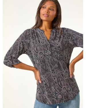 Roman Textured Paisley Print Stretch Blouse - Grey
