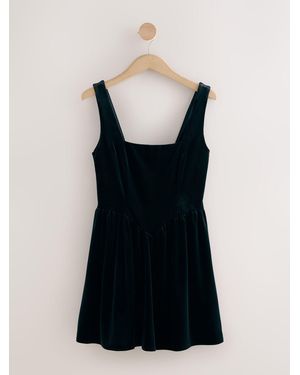 Next Velvet Square Neck Waisted Mini Dress - Black