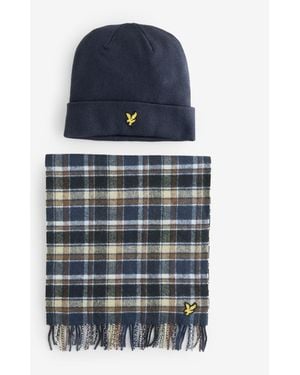Lyle & Scott Lambswool Blend Scarf And Beanie Set - Blue
