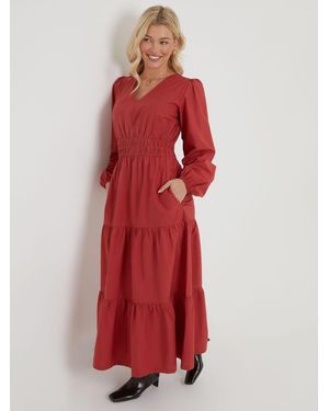 Threadbare Gerafftes Langarm-Popeline-Midaxi-Kleid Mit Taillenraffung - Rot