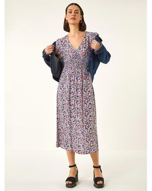 Roman Abstract Print Shirred Midi Dress - Pink