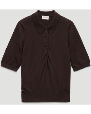 Hush Fine Knit Short Sleeve Polo Top - Brown