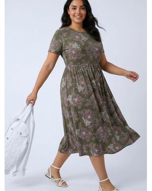 Roman Curve Floral Gathered Pocket Midi Dress - Green