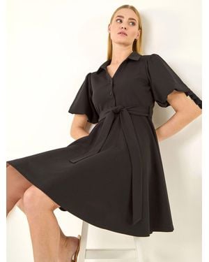 Roman Belted Puff Sleeve Short Dress - Black
