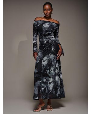 Jolie Moi Long Sleeve Slash Neck Maxi Dress - Gray