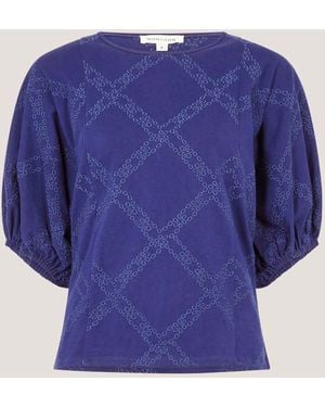 Monsoon Ellie Puff Sleeve Embroidered Jersey Top - Blue