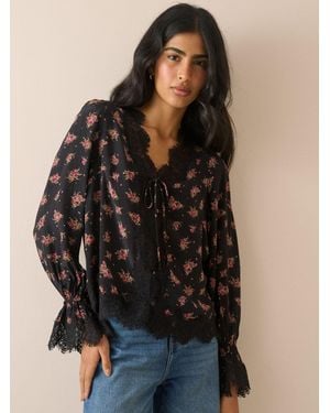 Nobody's Child Nobodys Child Wilde Floral Lace Trim Satin Blouse - Black