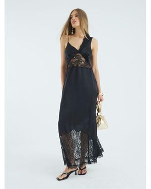 River Island One Shoulder Lace Satin Maxi Dress - Blue