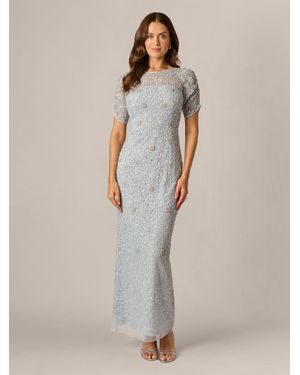 chinese dress ladies Floral Linen Maxi Dress - Pleated Waist, Elbow Sleeves