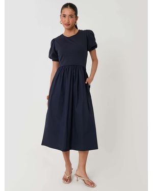 Threadbare Puff Sleeve Jersey Poplin Mix Maxi Dress - Blue