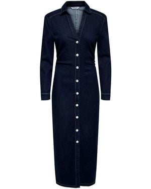 ONLY Button Up Denim Cinched Waist Midi Dress - Blue