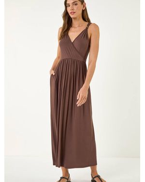 Roman Bead Detail Wrap Front Midi Dress - Brown