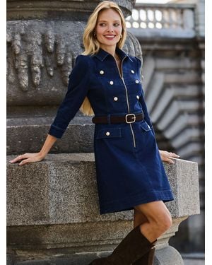 Sosandar Zip Front Military Button Detail Denim Dress - Blue