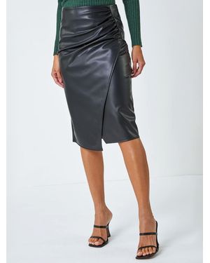 Roman Faux Leather Ruched Wrap Skirt - Black