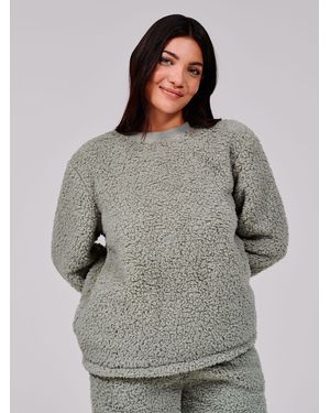 Loungeable Light Borg Sweater & Wide Leg Pants Lounge Set - Green